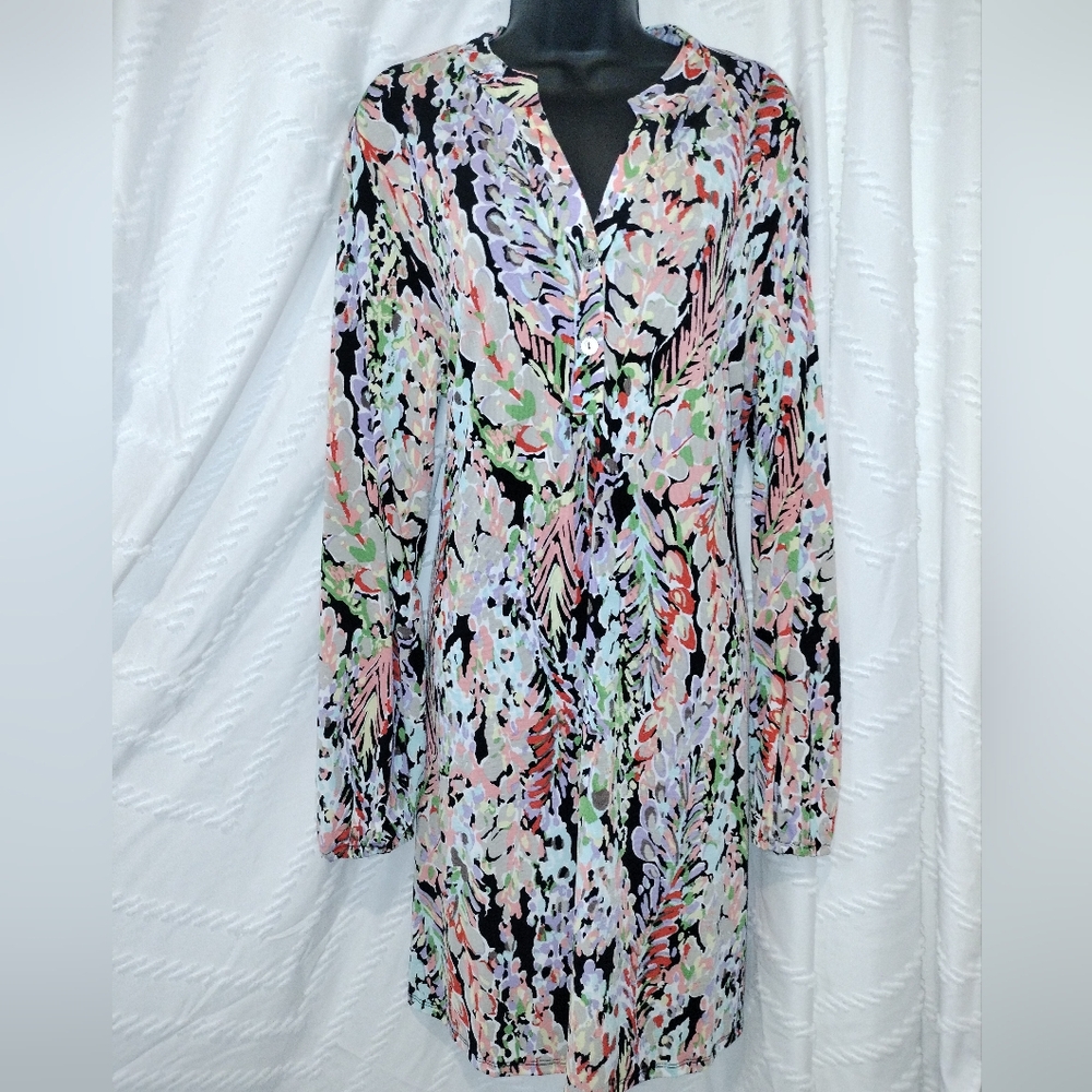 NWT Shopin LA Bright Colorful Floral Print 3/4 Buttons Dress Lightweight Sz 1X